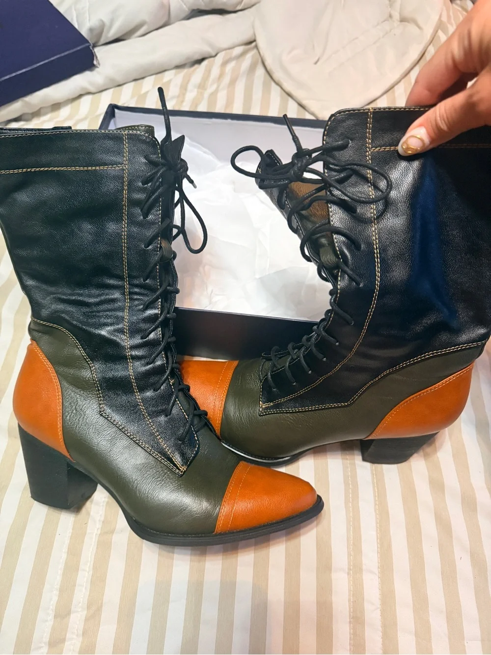 Lace-Up Two-Tone Victorian style Leather Ankle Boots - Black, Olive & Brown. - Picture 1 of 3